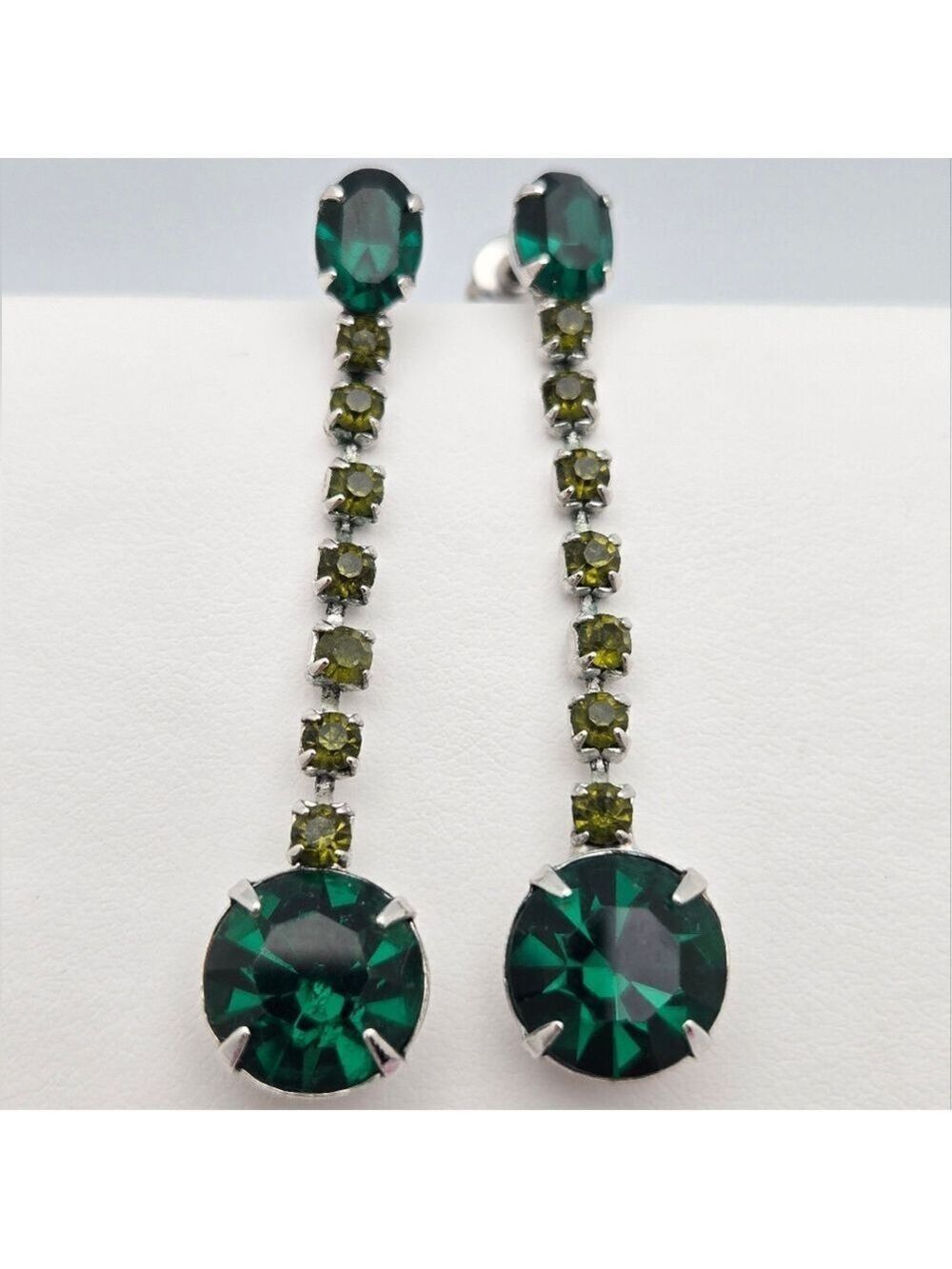Emerald Olive Green Crystal Rhinestone Linear Drop Dangle Earrings 2"